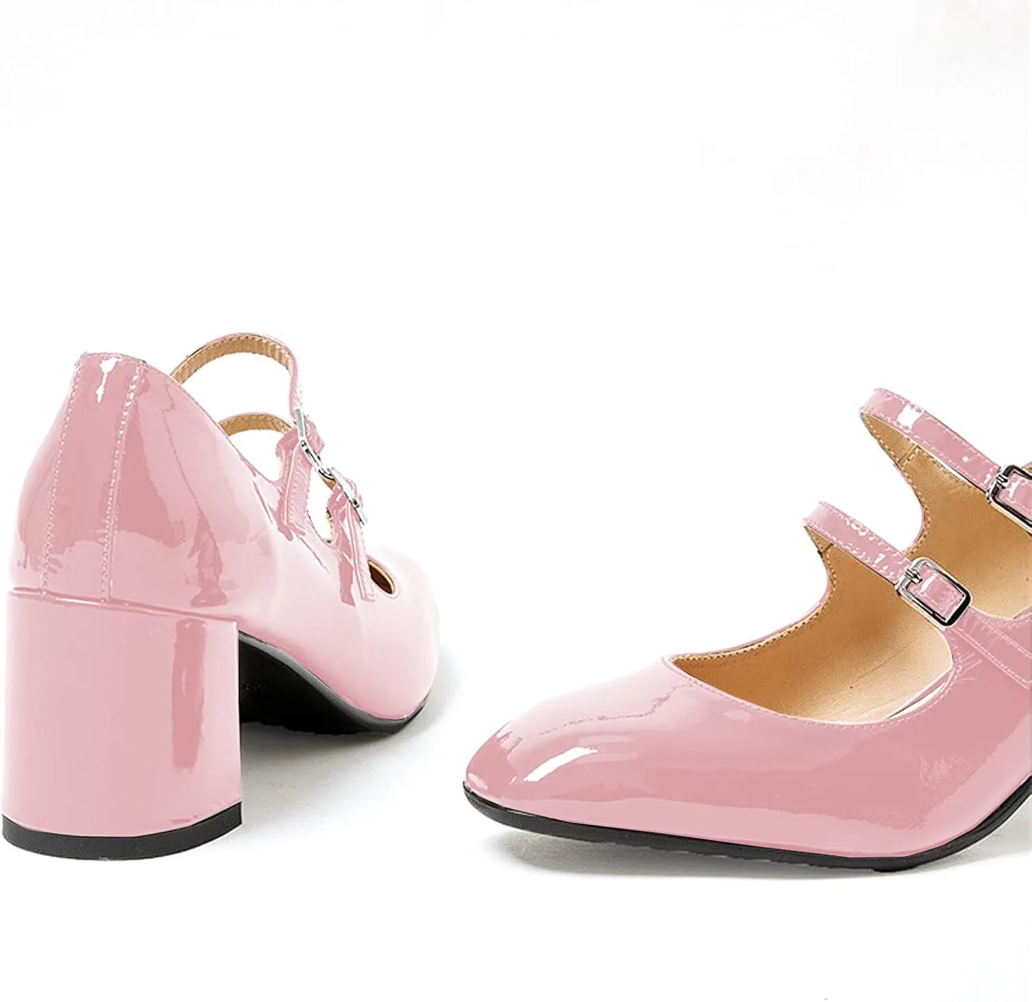 Women's Stylish Closed Round Toe Patent Leather Doubled Monk-Strap Vintage Low Chunky Heel Dress Mary Jane Pumps Shoes