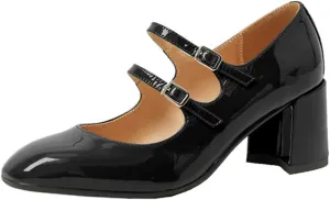 Women's Stylish Closed Round Toe Patent Leather Doubled Monk-Strap Vintage Low Chunky Heel Dress Mary Jane Pumps Shoes