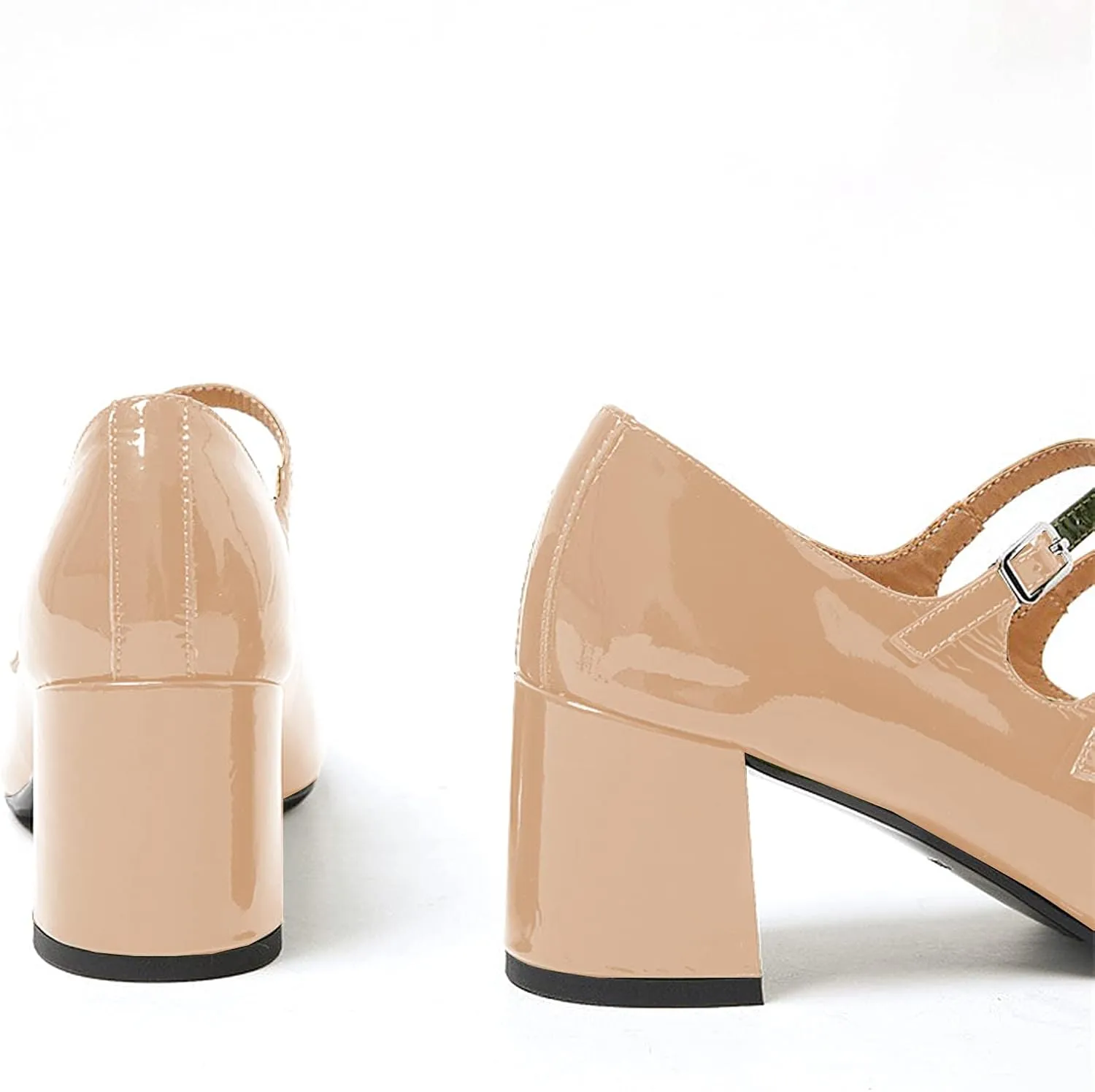 Women's Stylish Closed Round Toe Patent Leather Doubled Monk-Strap Vintage Low Chunky Heel Dress Mary Jane Pumps Shoes