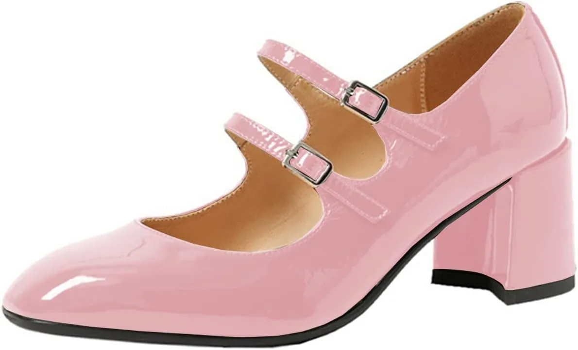 Women's Stylish Closed Round Toe Patent Leather Doubled Monk-Strap Vintage Low Chunky Heel Dress Mary Jane Pumps Shoes
