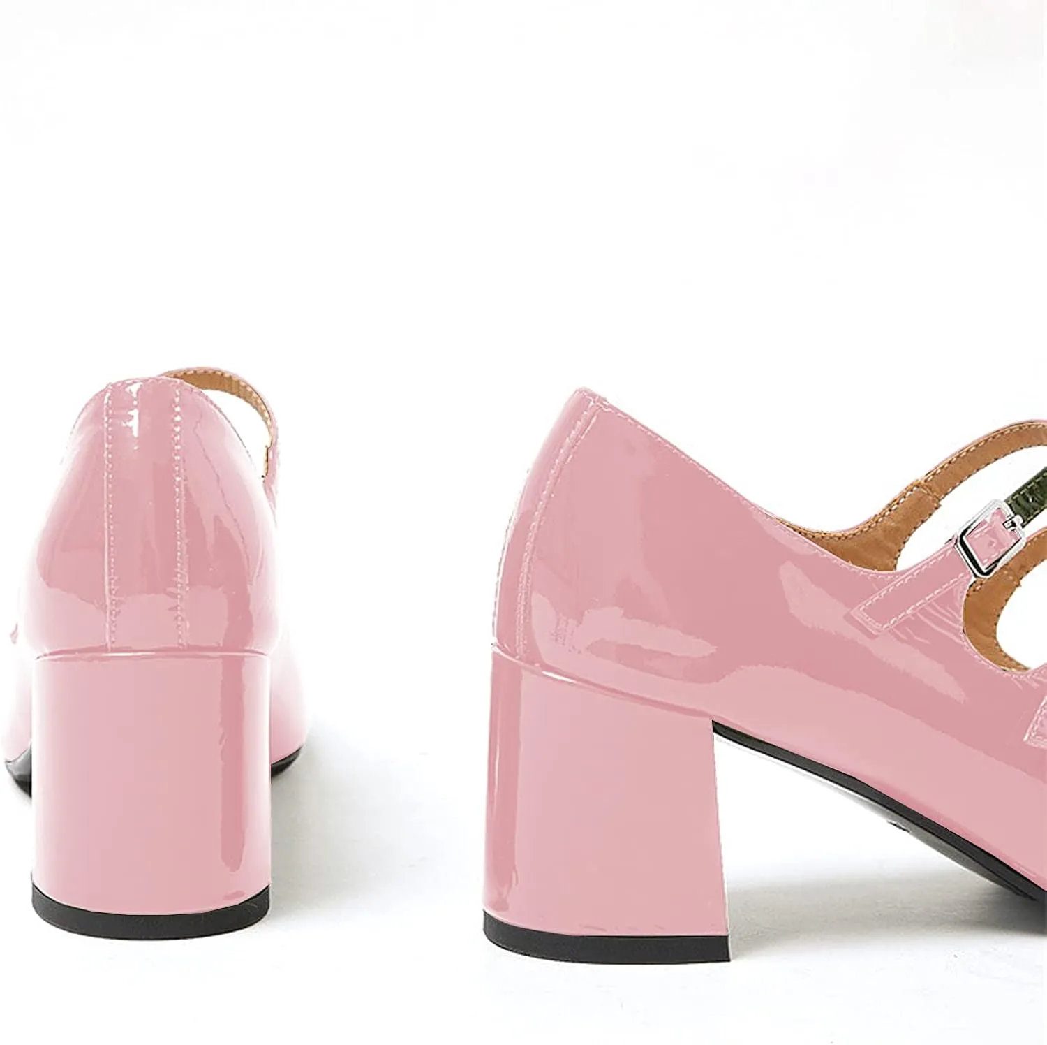 Women's Stylish Closed Round Toe Patent Leather Doubled Monk-Strap Vintage Low Chunky Heel Dress Mary Jane Pumps Shoes
