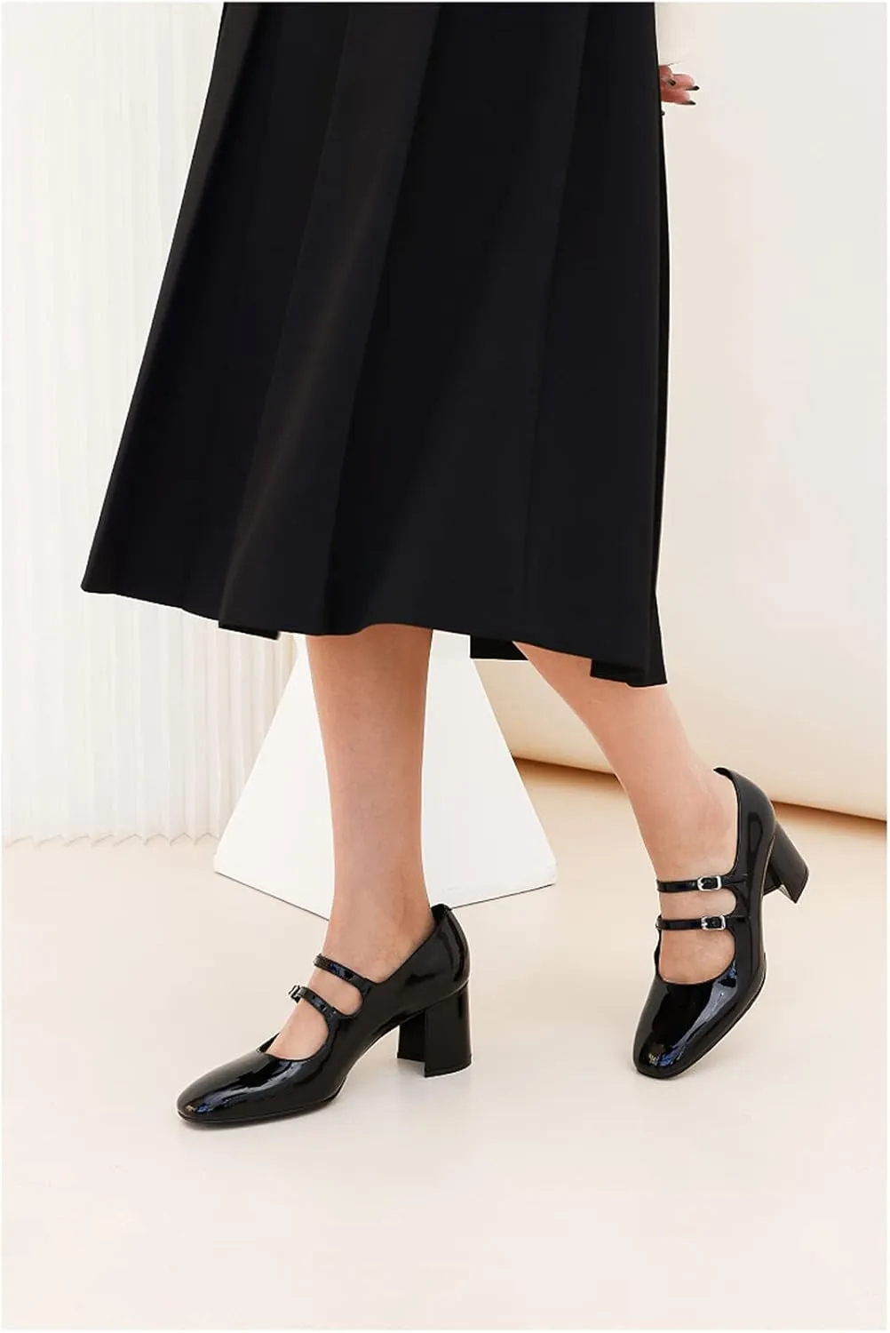 Women's Stylish Closed Round Toe Patent Leather Doubled Monk-Strap Vintage Low Chunky Heel Dress Mary Jane Pumps Shoes