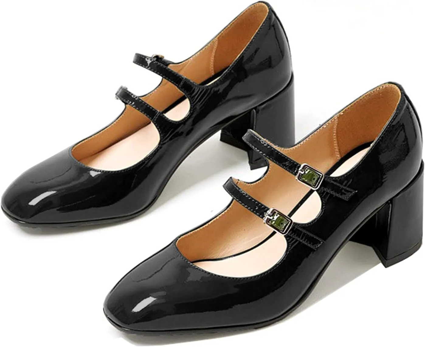Women's Stylish Closed Round Toe Patent Leather Doubled Monk-Strap Vintage Low Chunky Heel Dress Mary Jane Pumps Shoes
