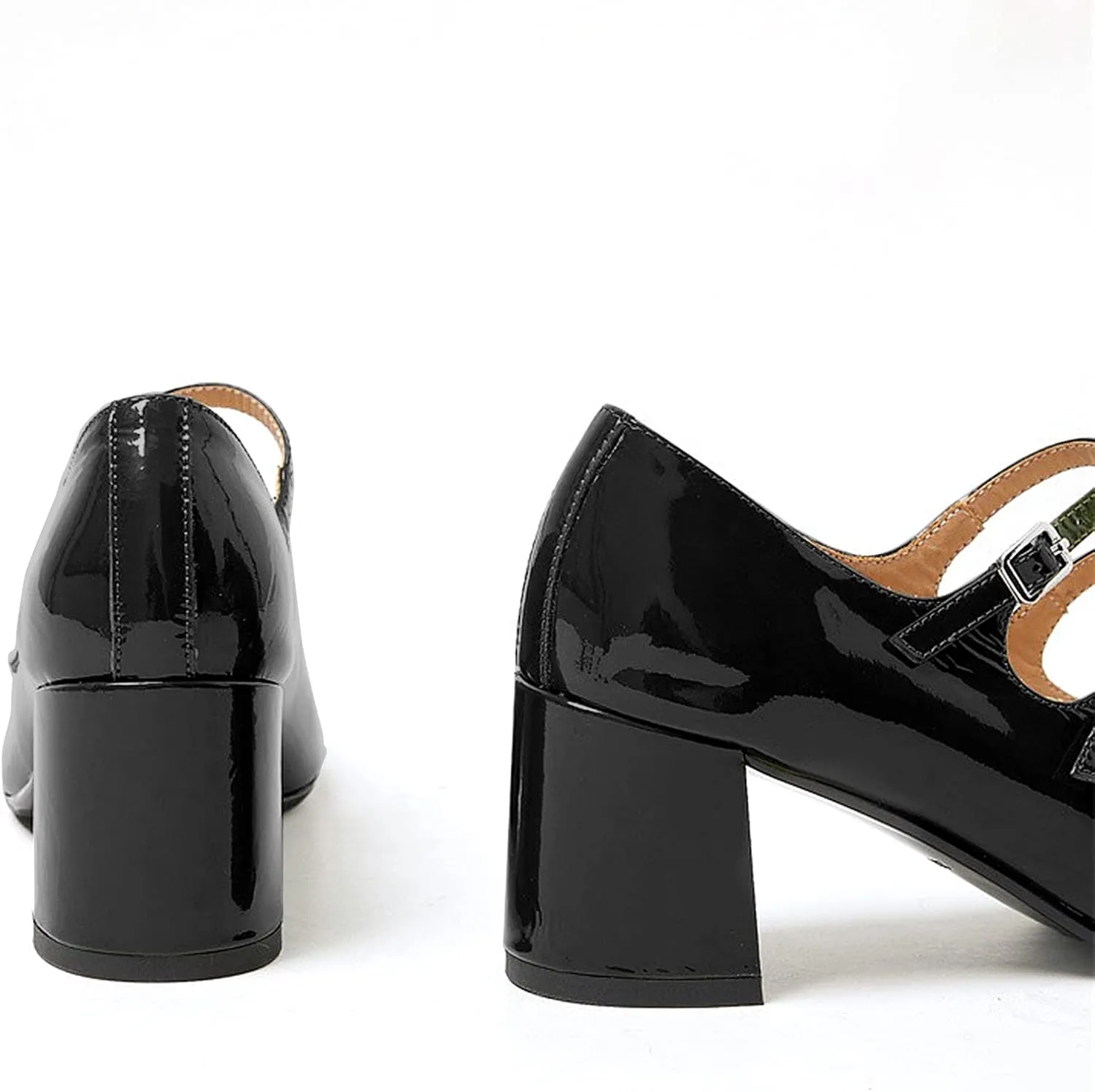Women's Stylish Closed Round Toe Patent Leather Doubled Monk-Strap Vintage Low Chunky Heel Dress Mary Jane Pumps Shoes