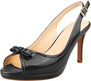Women's Stylish Peep Toe Bowknot Adjustable Buckle Backstrap Slingback High Heel Dress Pumps Sexy Patent Leather Platform Stiletto Heel Sandals for Women Party Wedding