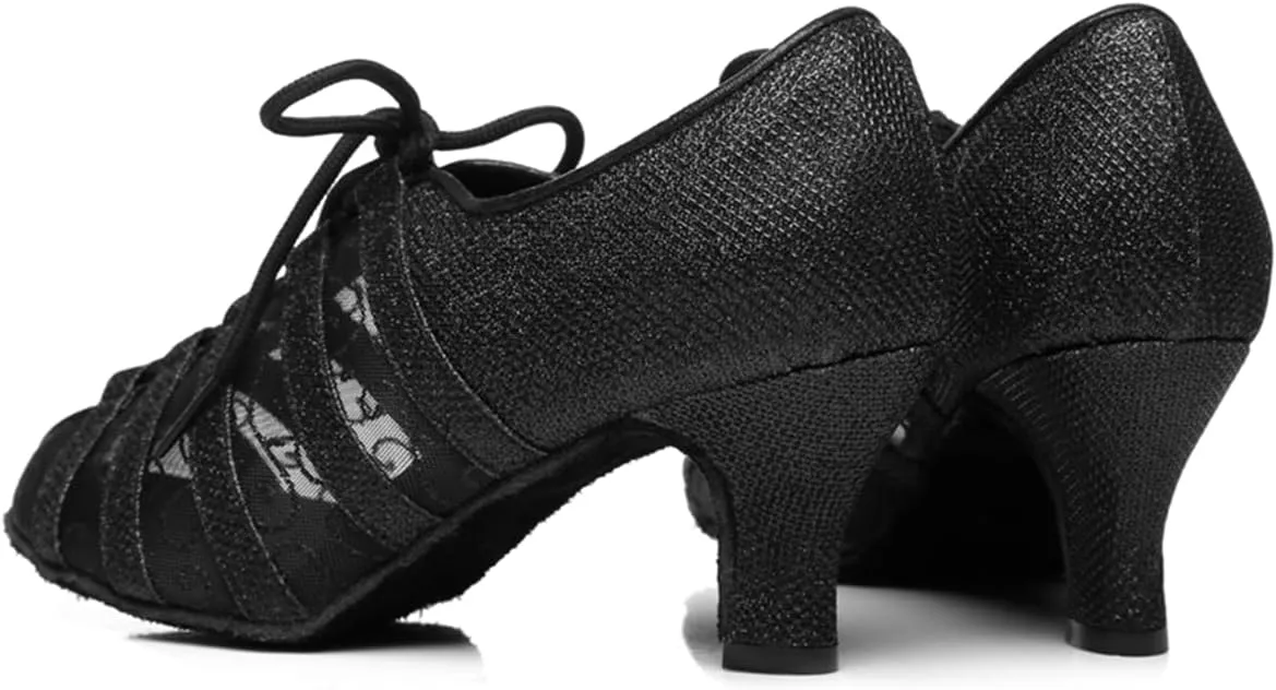 Women's Stylish Round Toe Mesh Sparkle Material Synthetic Ballroom Morden Tango Party Wedding Professional Dance Shoes