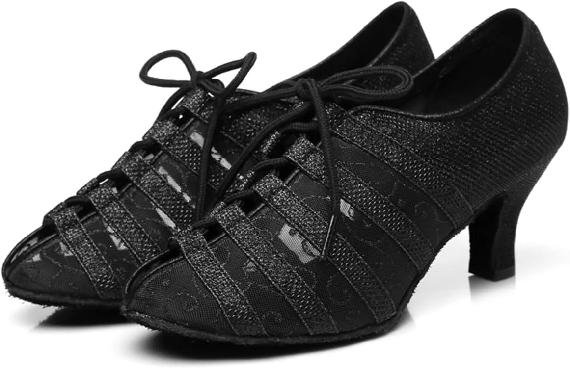 Women's Stylish Round Toe Mesh Sparkle Material Synthetic Ballroom Morden Tango Party Wedding Professional Dance Shoes