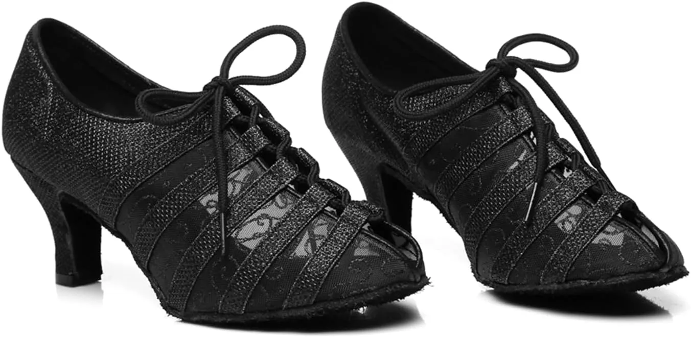 Women's Stylish Round Toe Mesh Sparkle Material Synthetic Ballroom Morden Tango Party Wedding Professional Dance Shoes