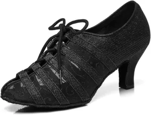 Women's Stylish Round Toe Mesh Sparkle Material Synthetic Ballroom Morden Tango Party Wedding Professional Dance Shoes