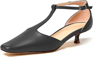 Women's Vintage Matte Leather Square Toe T-Strap Kitten Heel Pumps Shoes Comfort Solid Colour Closed Toe Dress Low Heel Sandals Shoes