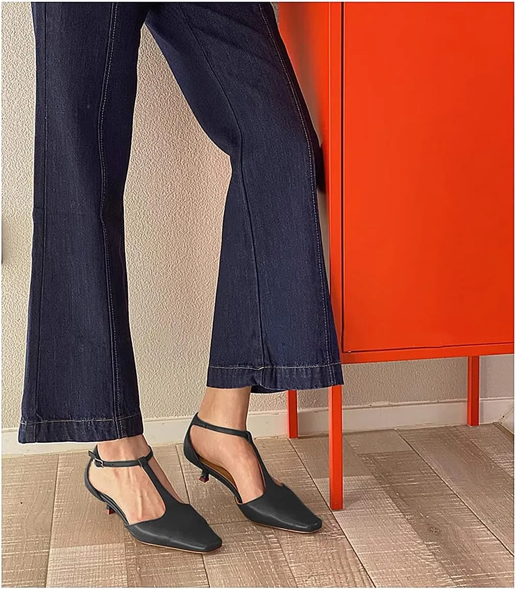 Women's Vintage Matte Leather Square Toe T-Strap Kitten Heel Pumps Shoes Comfort Solid Colour Closed Toe Dress Low Heel Sandals Shoes