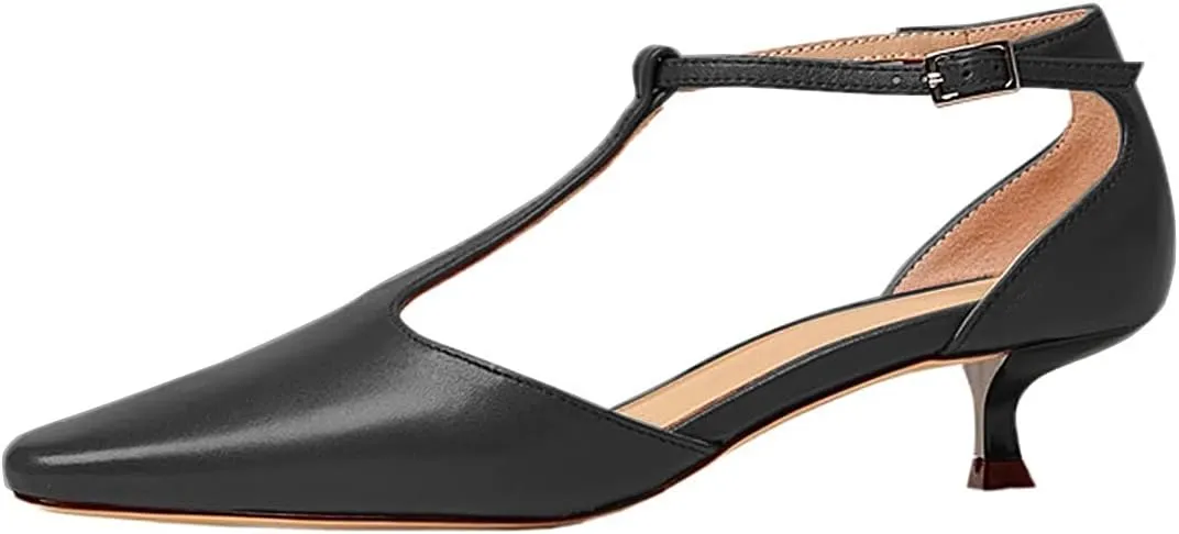 Women's Vintage Matte Leather Square Toe T-Strap Kitten Heel Pumps Shoes Comfort Solid Colour Closed Toe Dress Low Heel Sandals Shoes