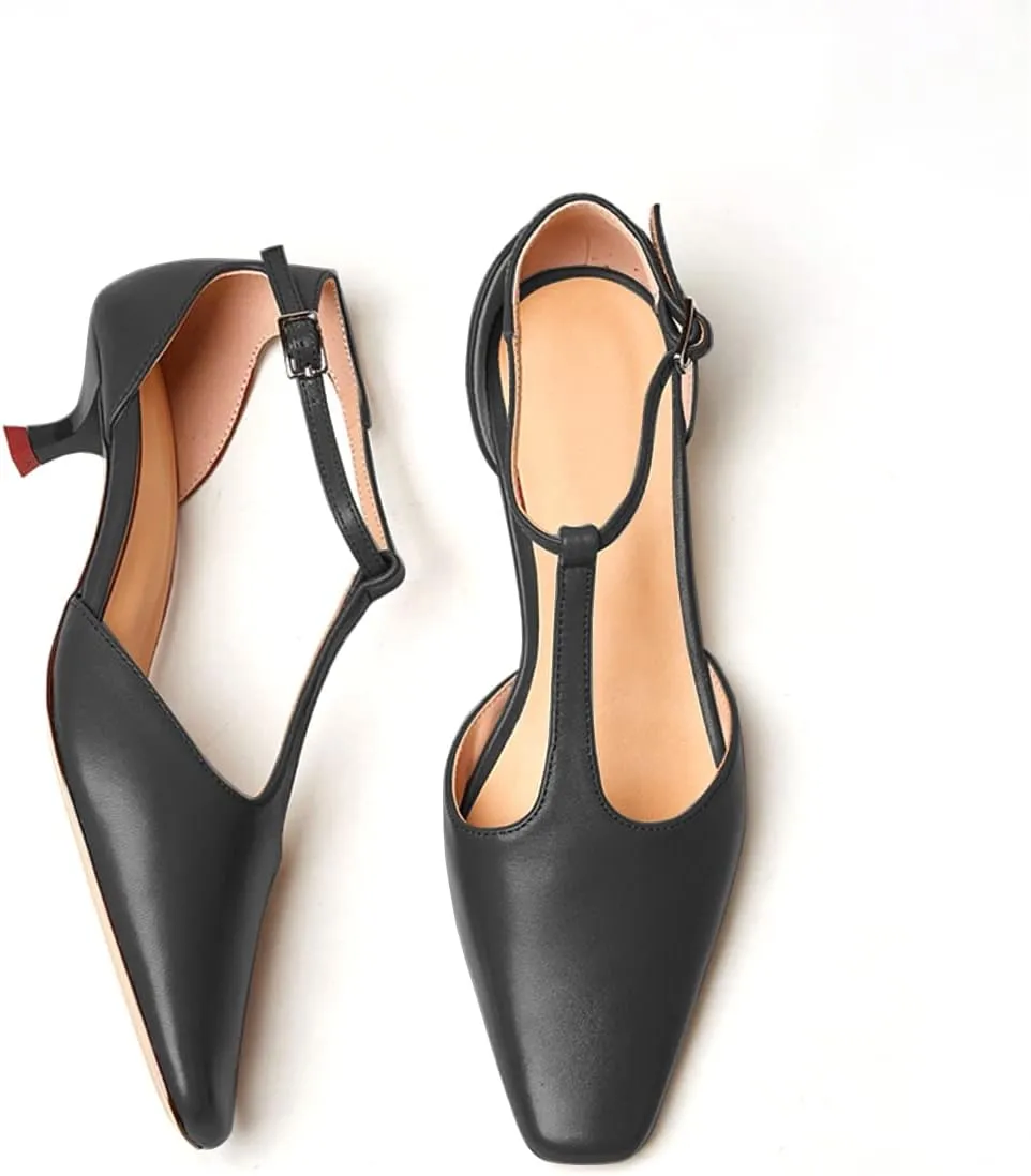 Women's Vintage Matte Leather Square Toe T-Strap Kitten Heel Pumps Shoes Comfort Solid Colour Closed Toe Dress Low Heel Sandals Shoes