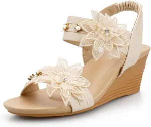 Womens Wedge Sandals Elastic Ankle Straps Open Toe Elegant Thick Soles Comfortable Dream Pairs