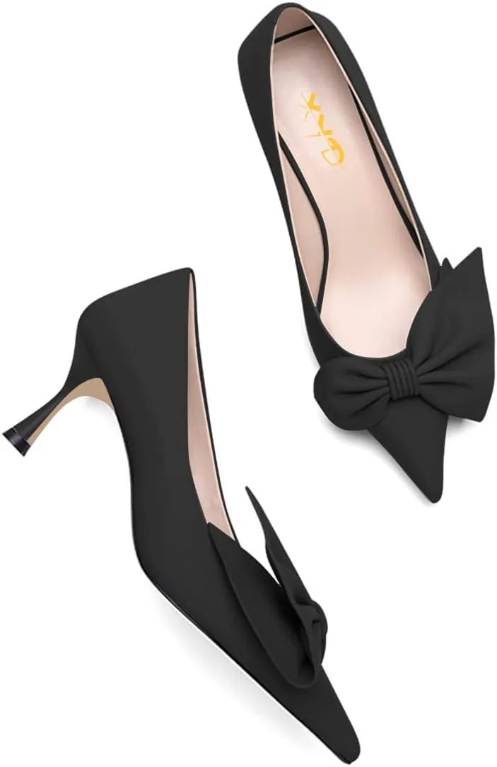 XYD Adorable Bowtie Pointy Toe Vintage Kitten Heel Pumps for Women Slip On Ladies' Stylish Dress Wedding Shoes