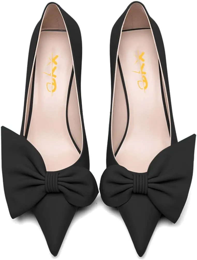 XYD Adorable Bowtie Pointy Toe Vintage Kitten Heel Pumps for Women Slip On Ladies' Stylish Dress Wedding Shoes