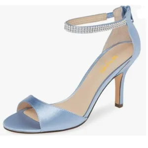 XYD Light Blue Open Toe Rhinestones Ankle Strap Sandals Mid Heel Dress Shoes