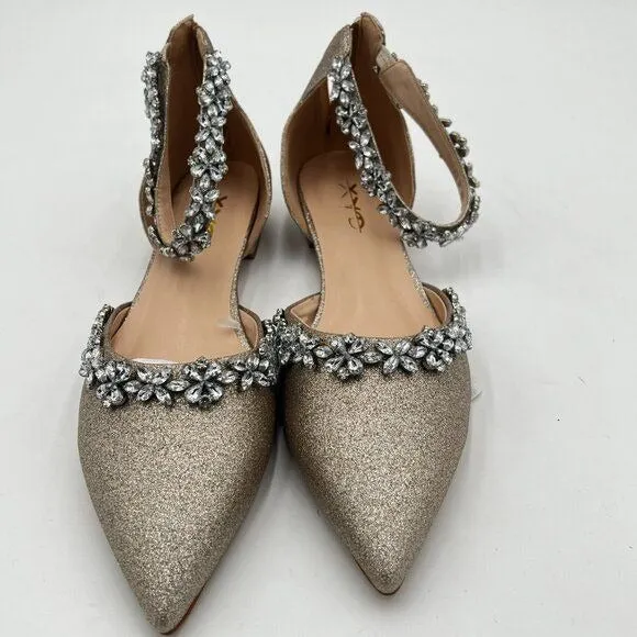 XYD Light Gold Glitter Pointed Toe D'Orsay Sparkly Ankle Strap Wedding Sandals