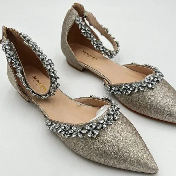 XYD Light Gold Glitter Pointed Toe D'Orsay Sparkly Ankle Strap Wedding Sandals