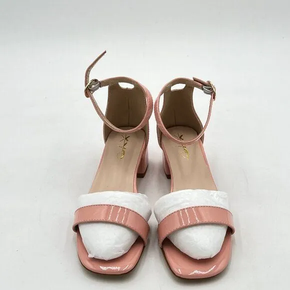 XYD Light Pink Open Toe Ankle Strap Buckled Low Chunky Heel Sandals
