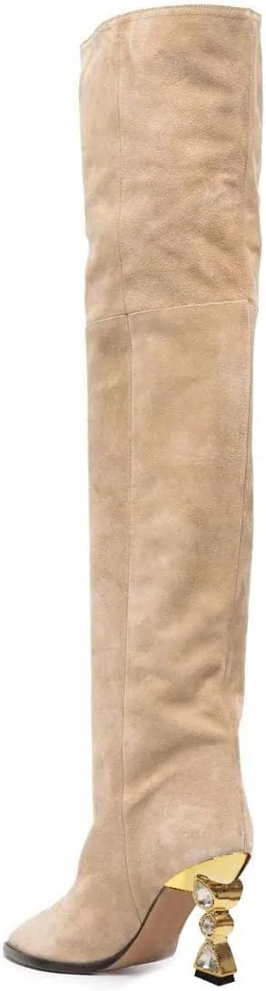 XYD Sassy Cone Mid Heels Thigh High Boots for Women Over The Knee Stretchy Pointed Toe Stylish Baggy Winter Warm Dress Long Booties Shoes