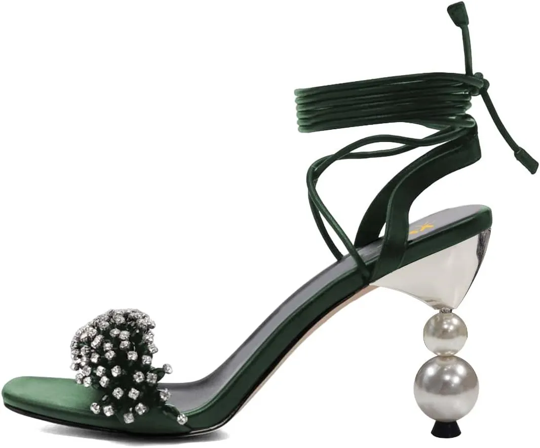 XYD Women Crystal Pearl High Heel 3.5 Inch Ankle Strappy Open Toe Sandals Lace Up Rhinestone Stylish Summer Pumps Evening Shoes