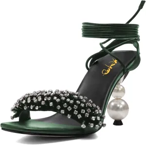 XYD Women Crystal Pearl High Heel 3.5 Inch Ankle Strappy Open Toe Sandals Lace Up Rhinestone Stylish Summer Pumps Evening Shoes