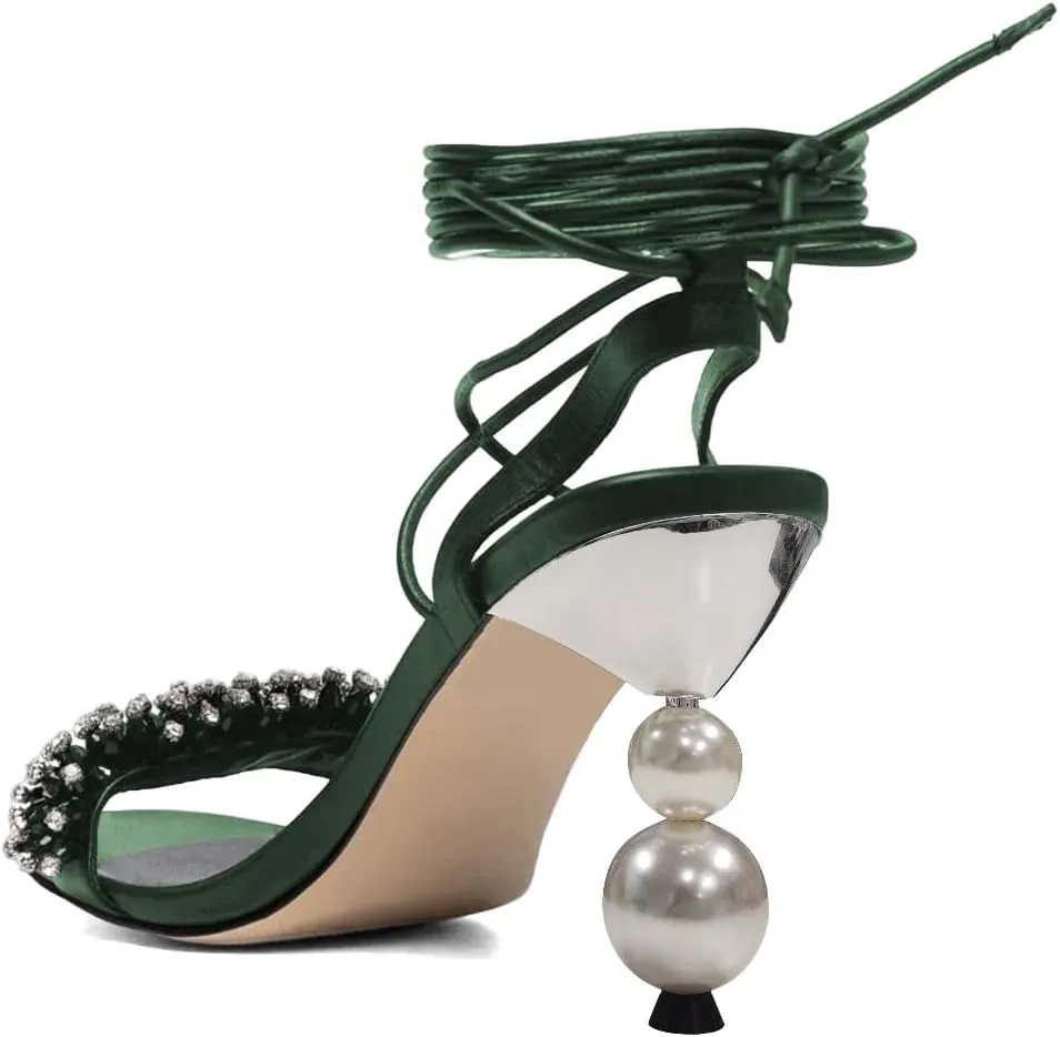 XYD Women Crystal Pearl High Heel 3.5 Inch Ankle Strappy Open Toe Sandals Lace Up Rhinestone Stylish Summer Pumps Evening Shoes