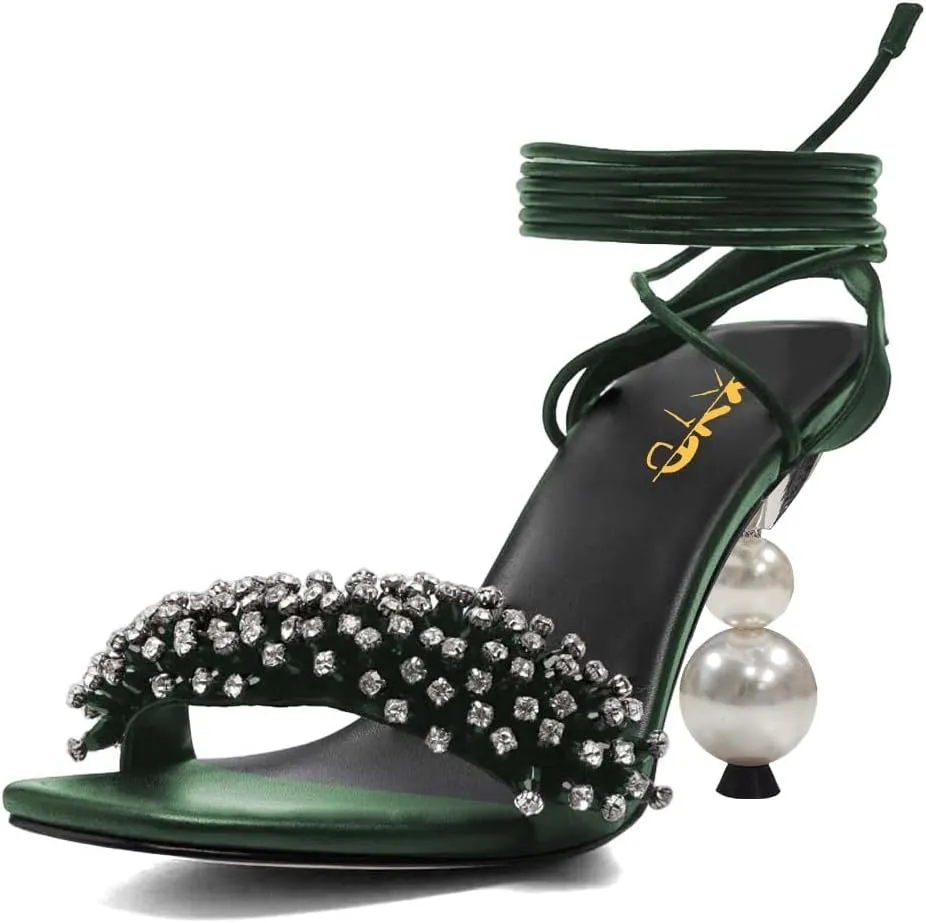 XYD Women Crystal Pearl High Heel 3.5 Inch Ankle Strappy Open Toe Sandals Lace Up Rhinestone Stylish Summer Pumps Evening Shoes