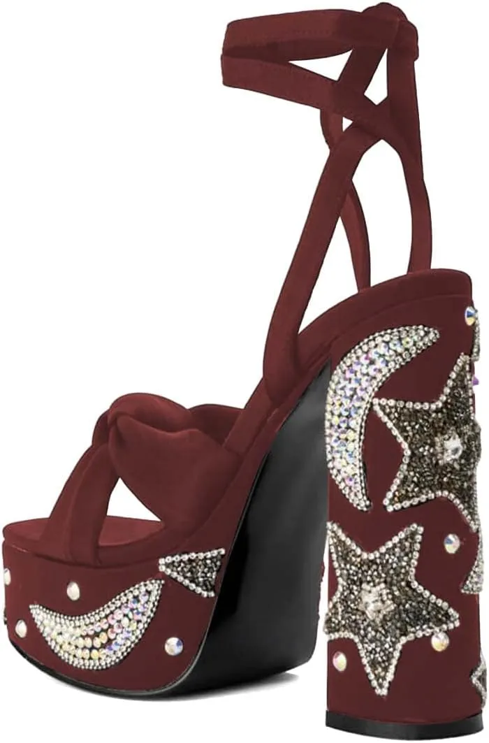 XYD Women Elegant High Chunky Heel Star Moon Studded Rhinestones Platform Sandals Open Square Toe Lace Up Strappy Pumps Evening Party Shoes