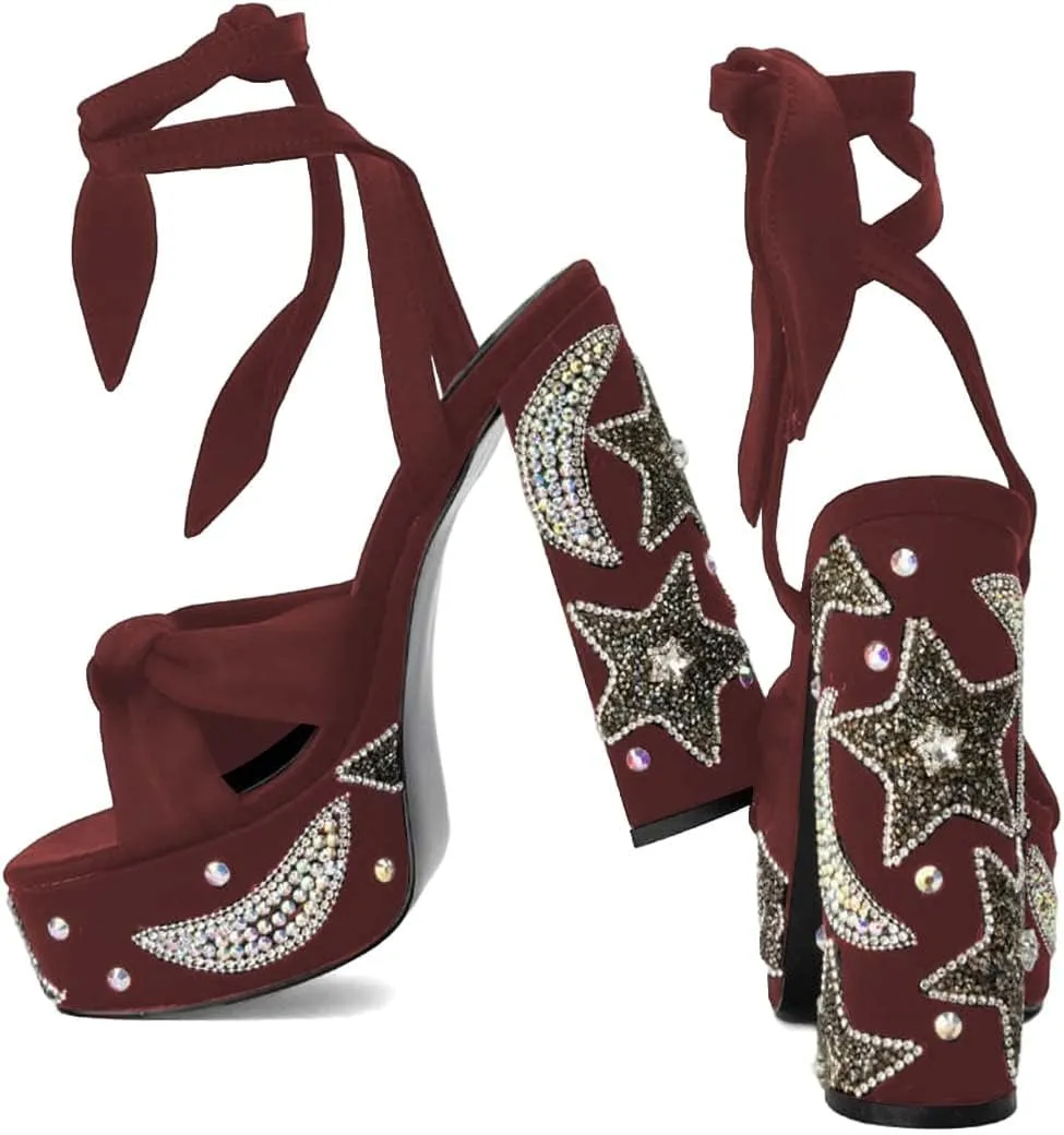 XYD Women Elegant High Chunky Heel Star Moon Studded Rhinestones Platform Sandals Open Square Toe Lace Up Strappy Pumps Evening Party Shoes