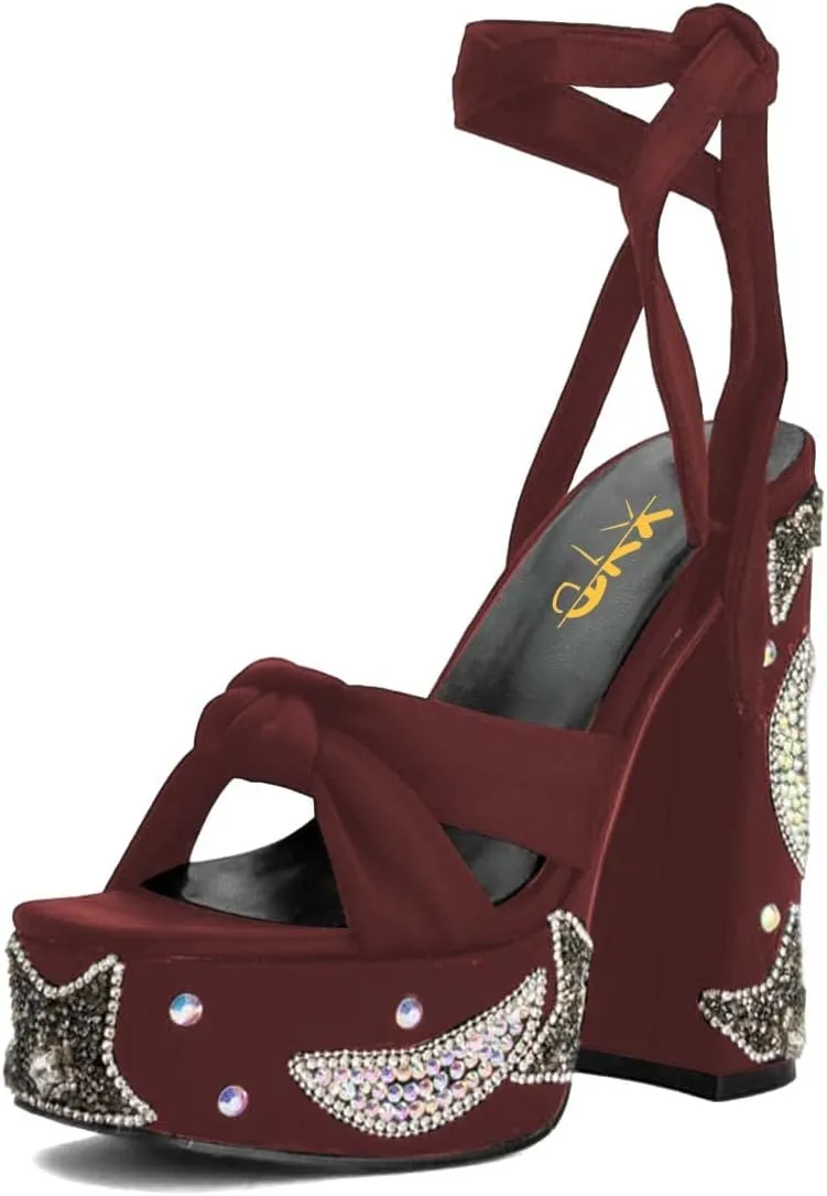 XYD Women Elegant High Chunky Heel Star Moon Studded Rhinestones Platform Sandals Open Square Toe Lace Up Strappy Pumps Evening Party Shoes