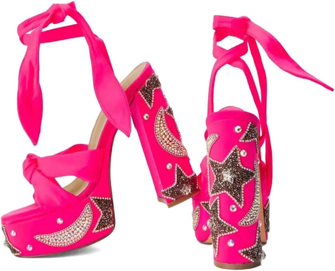 XYD Women Elegant High Chunky Heel Star Moon Studded Rhinestones Platform Sandals Open Square Toe Lace Up Strappy Pumps Evening Party Shoes