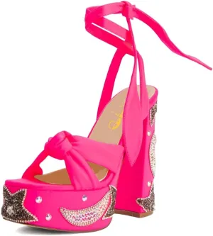 XYD Women Elegant High Chunky Heel Star Moon Studded Rhinestones Platform Sandals Open Square Toe Lace Up Strappy Pumps Evening Party Shoes