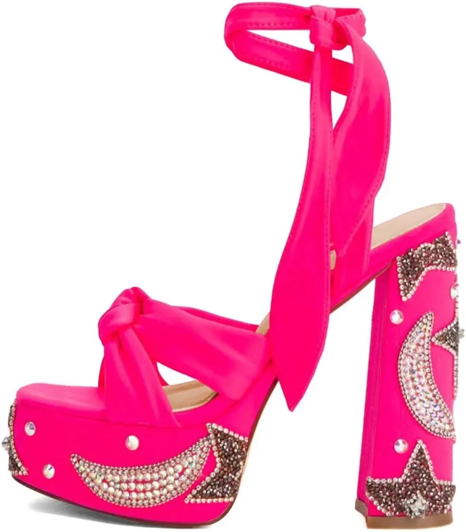 XYD Women Elegant High Chunky Heel Star Moon Studded Rhinestones Platform Sandals Open Square Toe Lace Up Strappy Pumps Evening Party Shoes