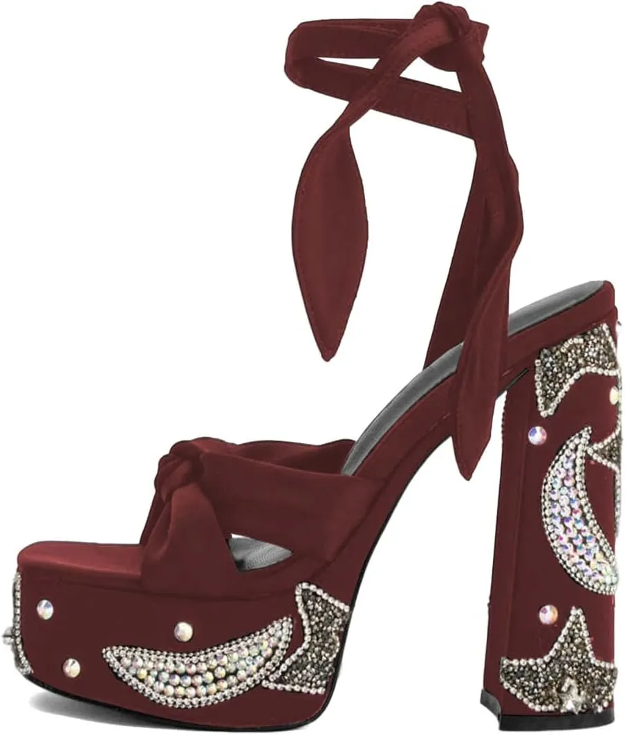 XYD Women Elegant High Chunky Heel Star Moon Studded Rhinestones Platform Sandals Open Square Toe Lace Up Strappy Pumps Evening Party Shoes