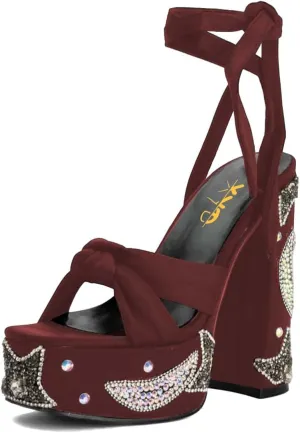 XYD Women Elegant High Chunky Heel Star Moon Studded Rhinestones Platform Sandals Open Square Toe Lace Up Strappy Pumps Evening Party Shoes