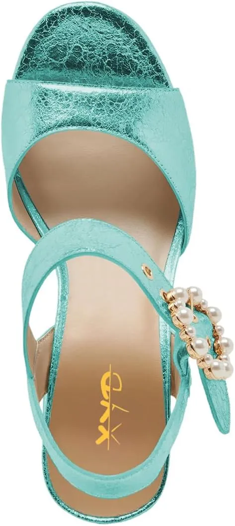 XYD Women Open Toe Chunky Block Platform Sandals Pearl Buckle Ankle Strap High Heels Wedding Prom Bride Shoes
