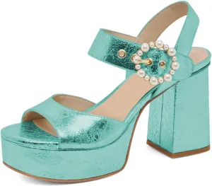 XYD Women Open Toe Chunky Block Platform Sandals Pearl Buckle Ankle Strap High Heels Wedding Prom Bride Shoes