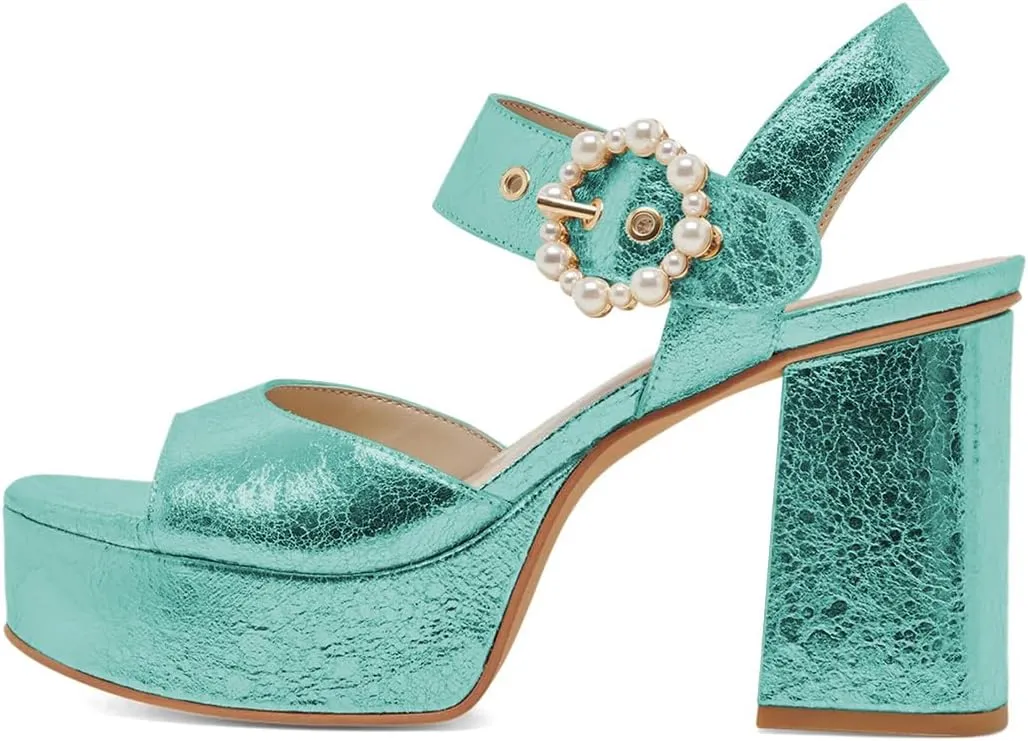 XYD Women Open Toe Chunky Block Platform Sandals Pearl Buckle Ankle Strap High Heels Wedding Prom Bride Shoes