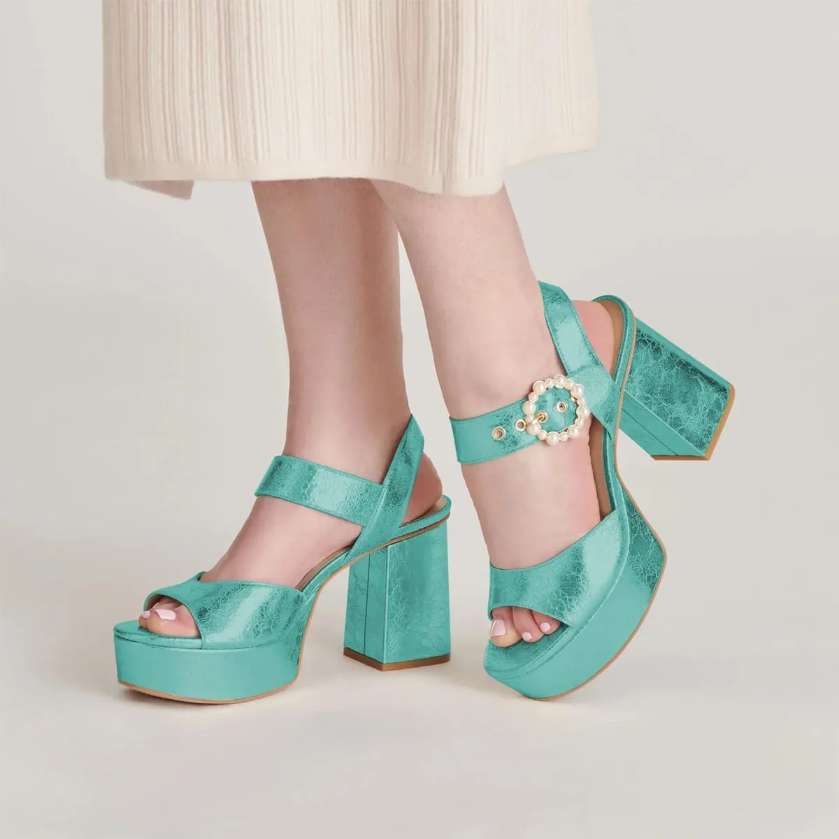 XYD Women Open Toe Chunky Block Platform Sandals Pearl Buckle Ankle Strap High Heels Wedding Prom Bride Shoes