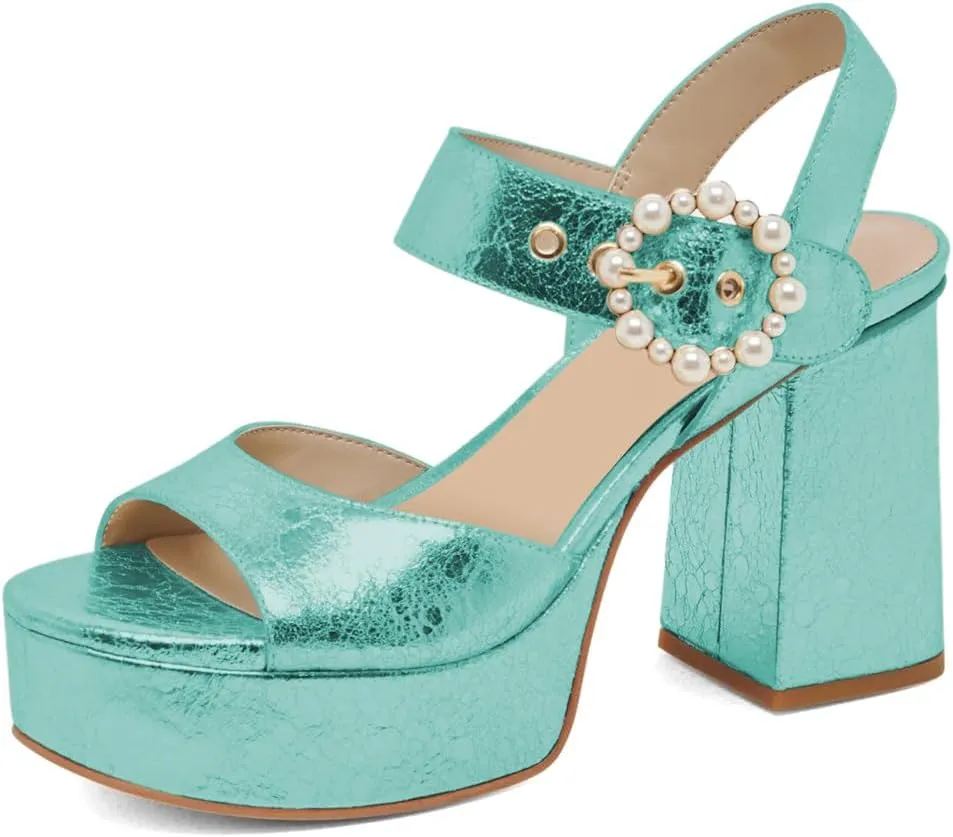 XYD Women Open Toe Chunky Block Platform Sandals Pearl Buckle Ankle Strap High Heels Wedding Prom Bride Shoes