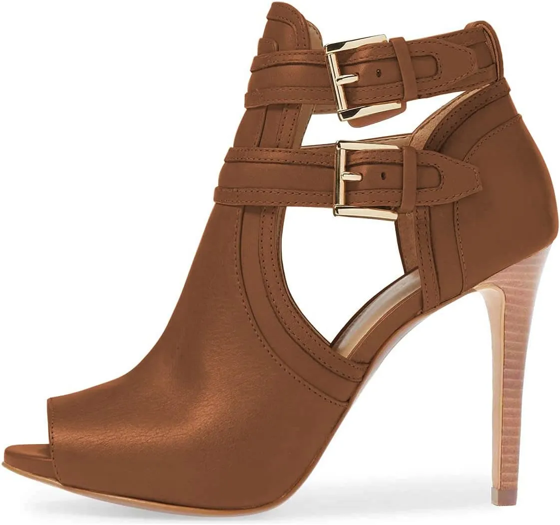 XYD Women Peep Toe Sandal Ankle Booties Dual Buckled Straps Stiletto Heels Stylish Cutout Event Party Pumps Shoes