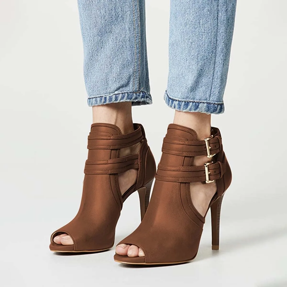 XYD Women Peep Toe Sandal Ankle Booties Dual Buckled Straps Stiletto Heels Stylish Cutout Event Party Pumps Shoes