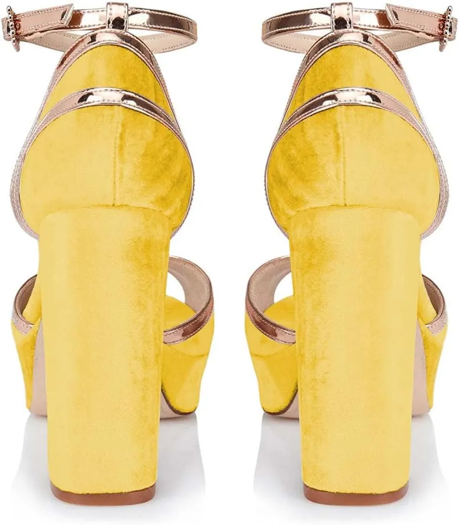 XYD Women Plated Block Heel Peep Toe Velvet Sandals Ankle Strap Platform Buckle Pumps Elegant Party Bridal Shoes