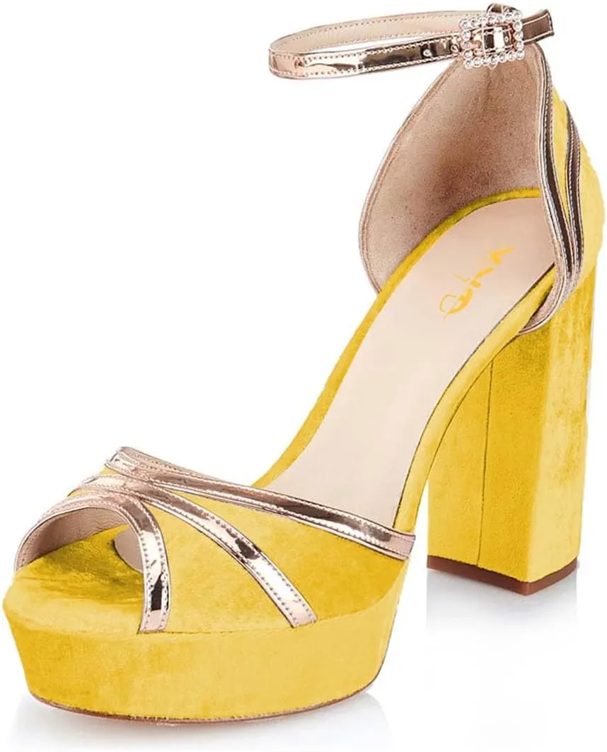 XYD Women Plated Block Heel Peep Toe Velvet Sandals Ankle Strap Platform Buckle Pumps Elegant Party Bridal Shoes