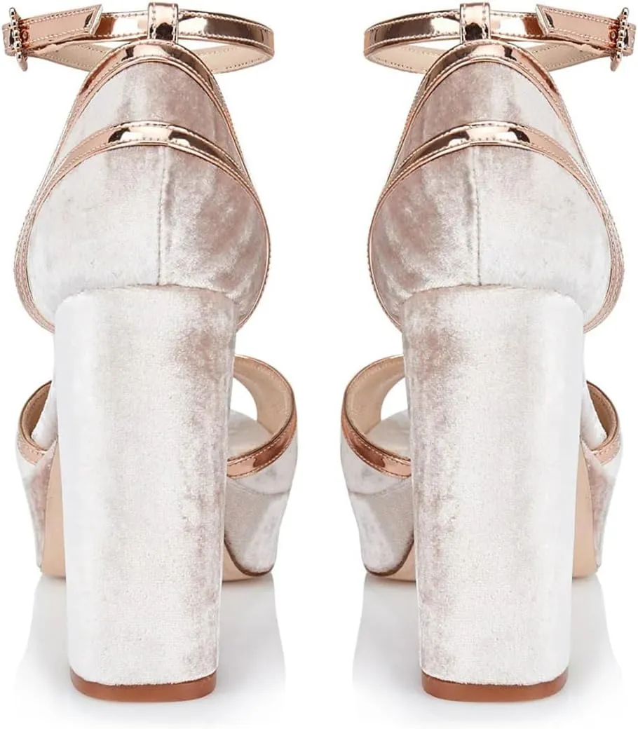 XYD Women Plated Block Heel Peep Toe Velvet Sandals Ankle Strap Platform Buckle Pumps Elegant Party Bridal Shoes