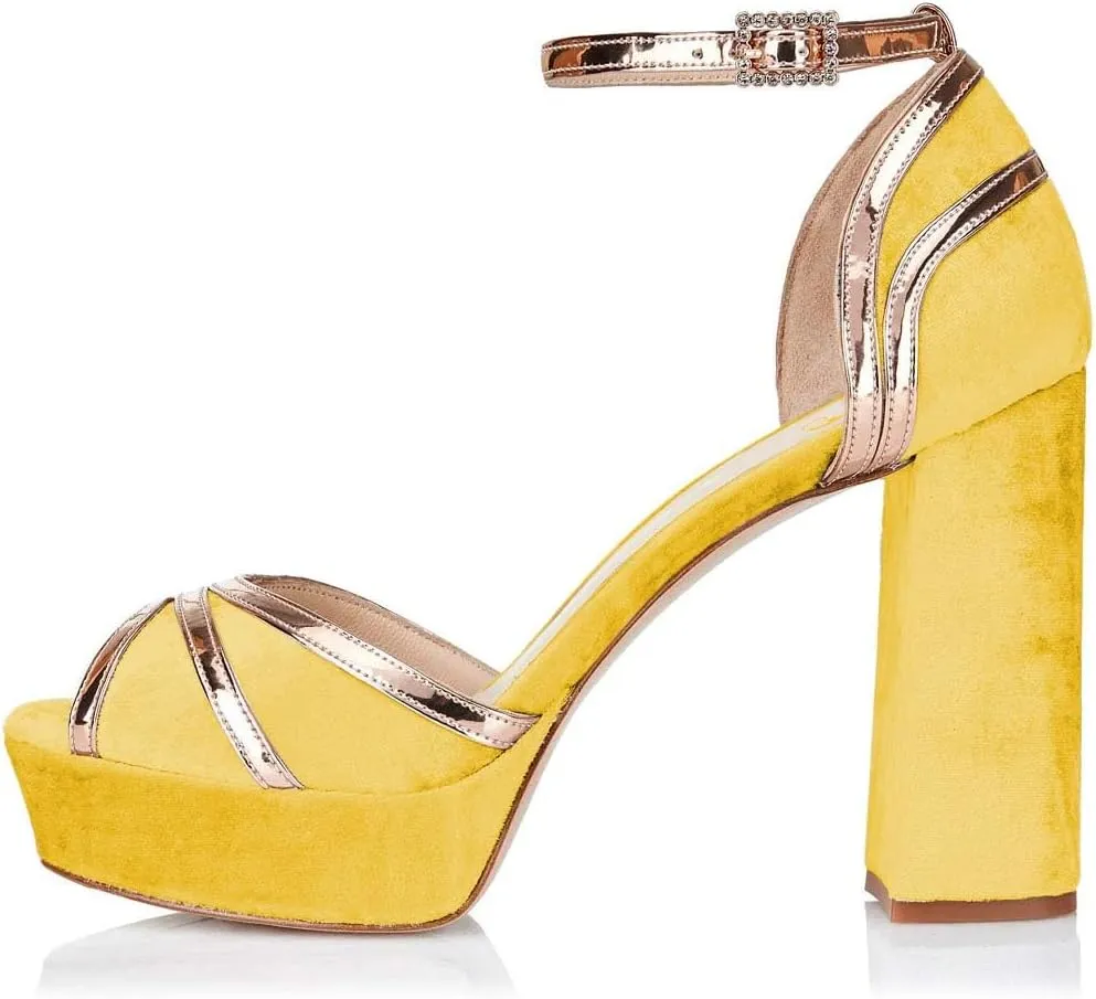 XYD Women Plated Block Heel Peep Toe Velvet Sandals Ankle Strap Platform Buckle Pumps Elegant Party Bridal Shoes