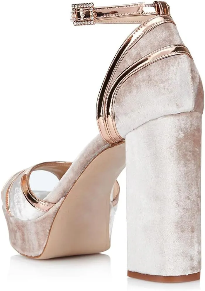 XYD Women Plated Block Heel Peep Toe Velvet Sandals Ankle Strap Platform Buckle Pumps Elegant Party Bridal Shoes