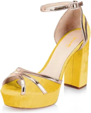XYD Women Plated Block Heel Peep Toe Velvet Sandals Ankle Strap Platform Buckle Pumps Elegant Party Bridal Shoes
